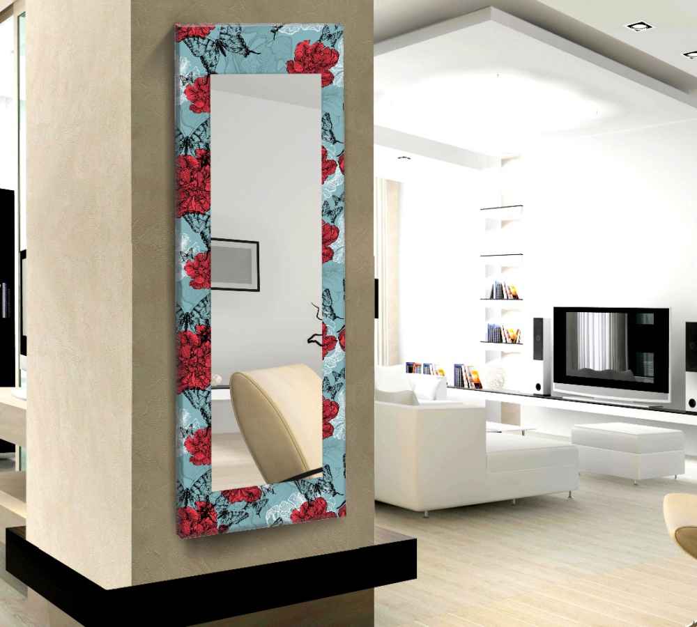 Kırmızı Çiçek Desenli Boy Aynası
